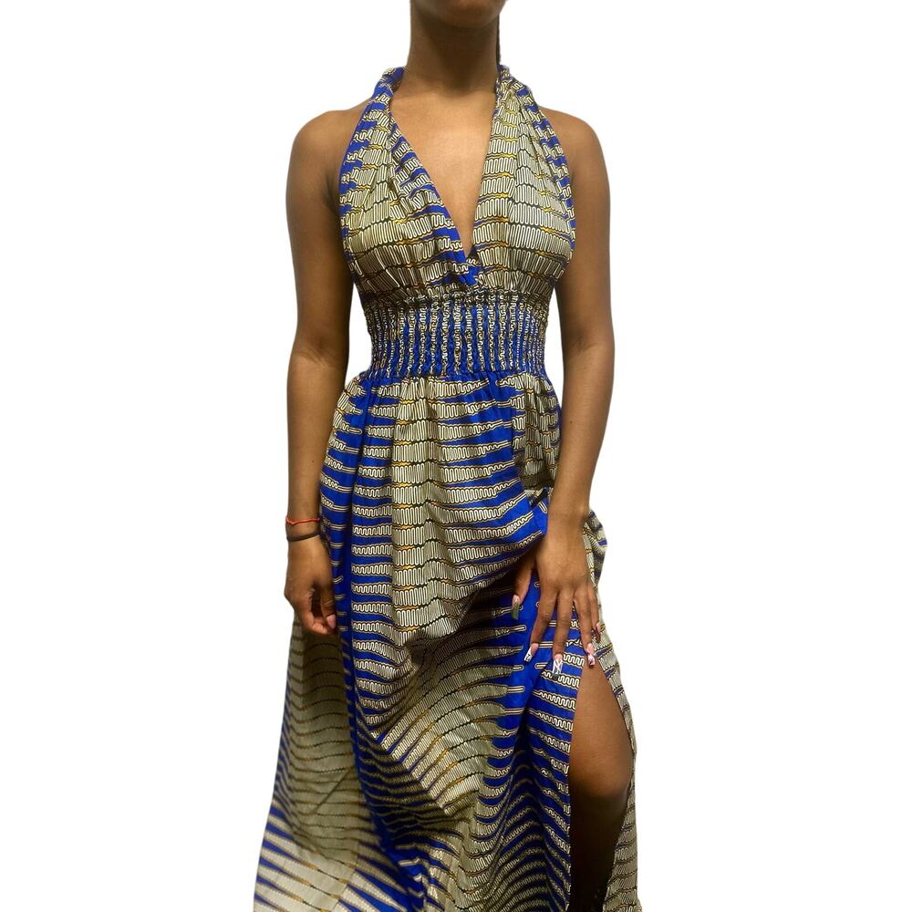 Royal Blue halter African print maxi dress with cinched waist and slit